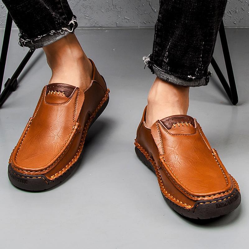 (👍Desenhado para pacientes com problemas nos pés)❤️Sapatos casuais em pele de bezerro para homem - confortáveis, antiderrapantes, ortopédicos, pés largos